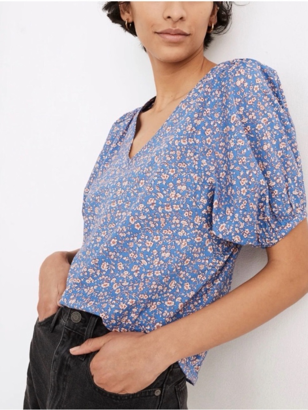 Madewell Floral Puff Sleeve Blouse – Blue | Size S | Excellent